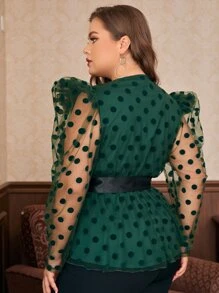 Modelyn Plus Polka Dot Gigot Sleeve Belted Mesh Peplum Blouse - Dark Green - View 2