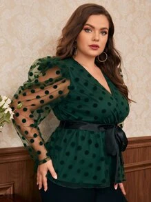 Modelyn Plus Polka Dot Gigot Sleeve Belted Mesh Peplum Blouse - Dark Green - View 5