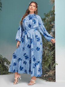 Mulvari Plus Floral Print Lantern Sleeve Belted Dress - Blue - View 1