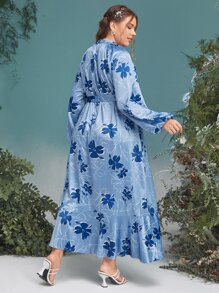 Mulvari Plus Floral Print Lantern Sleeve Belted Dress - Blue - View 2