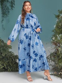 Mulvari Plus Floral Print Lantern Sleeve Belted Dress - Blue - View 3