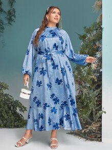 Mulvari Plus Floral Print Lantern Sleeve Belted Dress - Blue - View 4