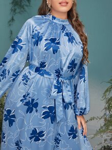 Mulvari Plus Floral Print Lantern Sleeve Belted Dress - Blue - View 5