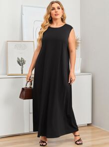 Al Najma Plus Solid Maxi Tank Dress - Black - View 2