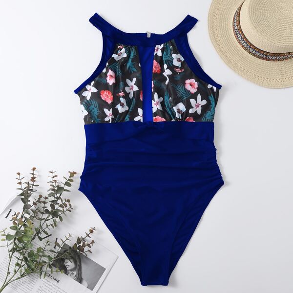 

Floral Print Ruched One Piece Swimsuit, Multicolor