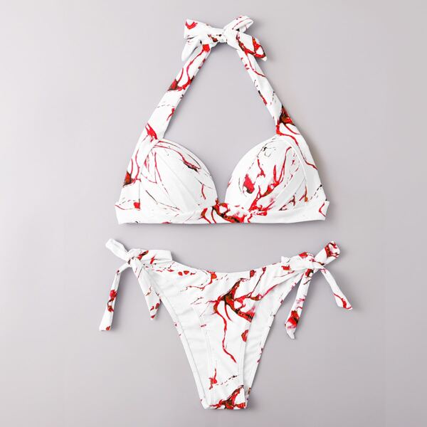 

Marble Print Halter Push Up Tie Side Bikini Swimsuit, Red and white