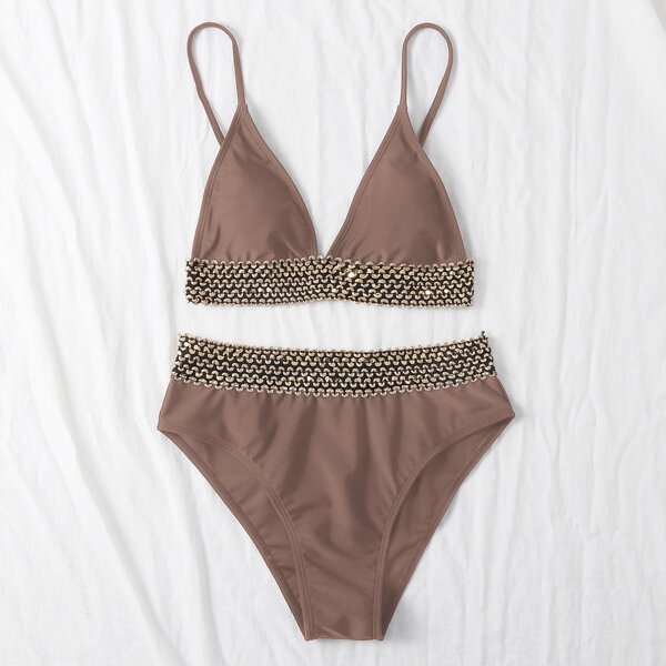 

Chain Print High Waisted Bikini Swimsuit, Coffee brown