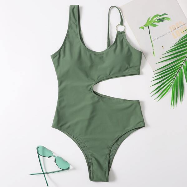 

Plain Ring Linked Cut-out One Piece Swimsuit, Army green
