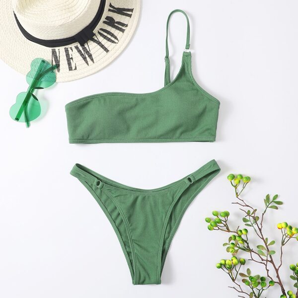 

Ribbed Ring Linked One Shoulder Bikini Swimsuit, Green