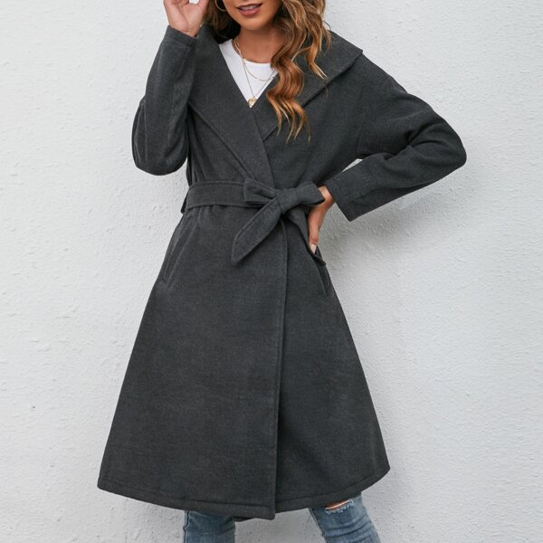 

Slant Pockets Shawl Collar Belted Overcoat, Dark grey