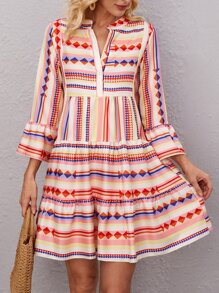 Vestido con estampado geométrico de rayas de manga con volante bajo con fruncido - Multicolor - Ver 1