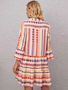 Vestido con estampado geométrico de rayas de manga con volante bajo con fruncido - Multicolor - Ver 2