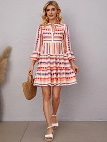 Vestido con estampado geométrico de rayas de manga con volante bajo con fruncido - Multicolor - Ver 4