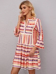 Vestido con estampado geométrico de rayas de manga con volante bajo con fruncido - Multicolor - Ver 5