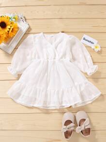 Bebé niña Vestido con estampado floral de malla en contraste bajo con fruncido - Blanco - Ver 1