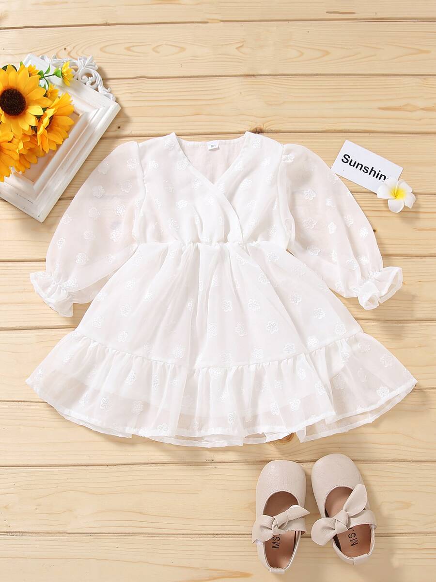 Bebé niña Vestido con estampado floral de malla en contraste bajo con fruncido - Blanco - Ver 1