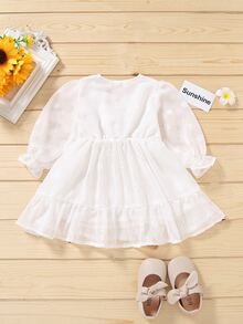 Bebé niña Vestido con estampado floral de malla en contraste bajo con fruncido - Blanco - Ver 2