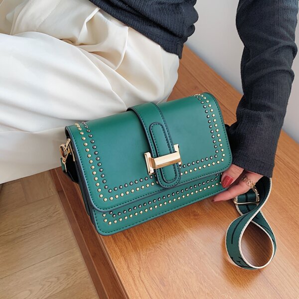 

Solid Studded Decor Crossbody Bag, Dark green