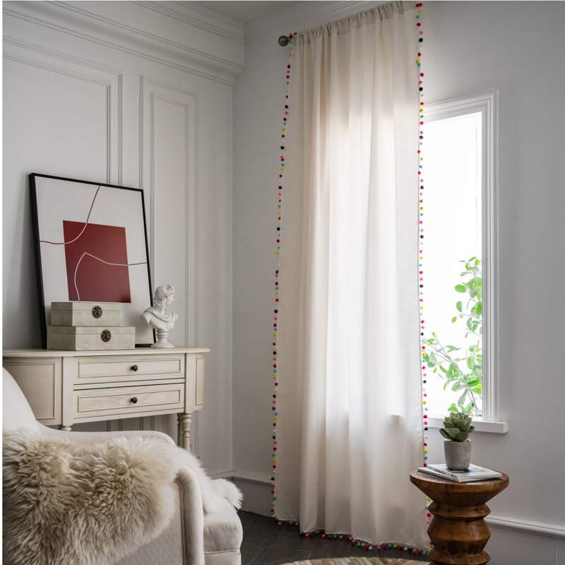 

Pom Pom Decor Single Panel Curtain, White