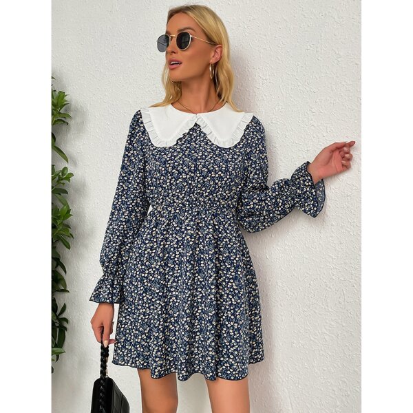 

Ditsy Floral Print Peter-pan Collar Flounce Sleeve Dress, Multicolor