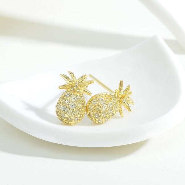 

14K Gold Plated Zircon Pineapple Design Stud Earrings