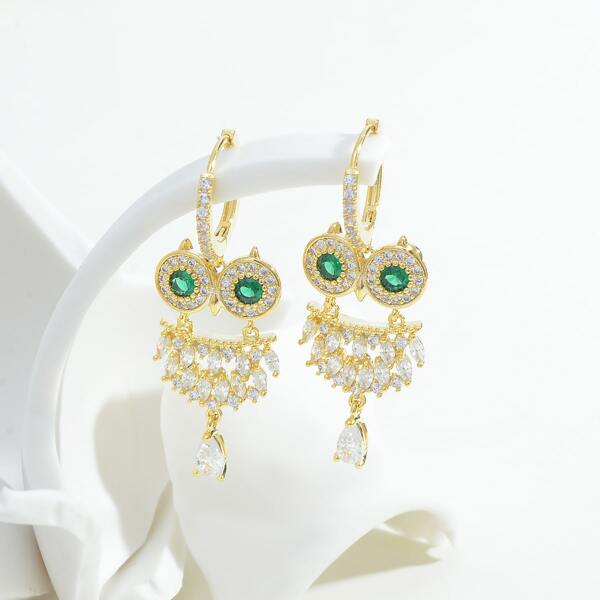 

14K Gold Plated Zircon Owl Decor Drop Earrings