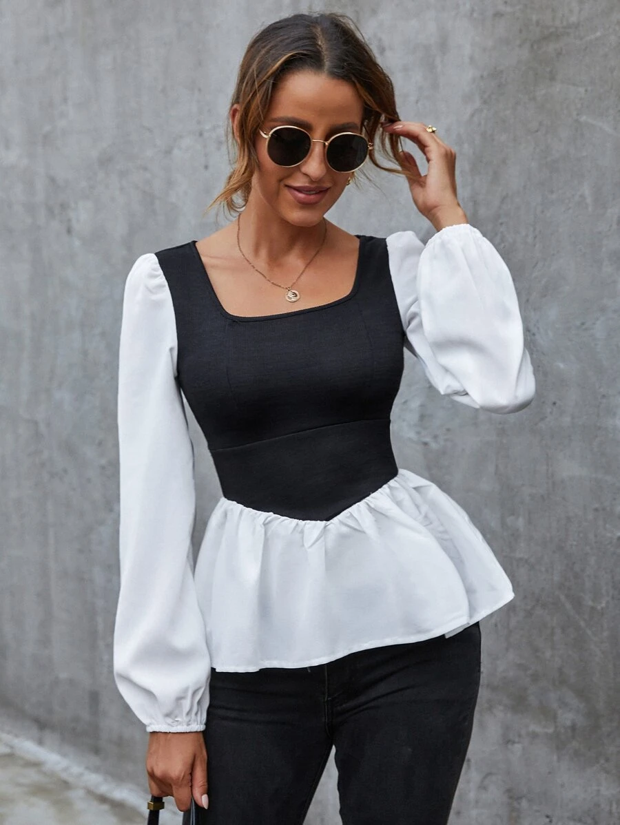 SHEIN Privé Áo nữ Viên lá sen Khối Màu Giải trí - Đen và trắng - Xem 1