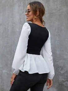 SHEIN Privé Áo nữ Viên lá sen Khối Màu Giải trí - Đen và trắng - Xem 2