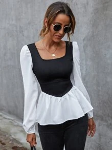 SHEIN Privé Áo nữ Viên lá sen Khối Màu Giải trí - Đen và trắng - Xem 3