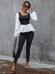 SHEIN Privé Áo nữ Viên lá sen Khối Màu Giải trí - Đen và trắng - Xem 4