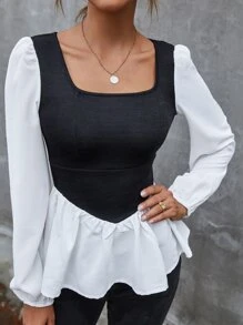 SHEIN Privé Áo nữ Viên lá sen Khối Màu Giải trí - Đen và trắng - Xem 5