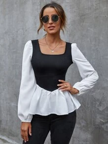 SHEIN Privé Áo nữ Viên lá sen Khối Màu Giải trí - Đen và trắng - Xem 6