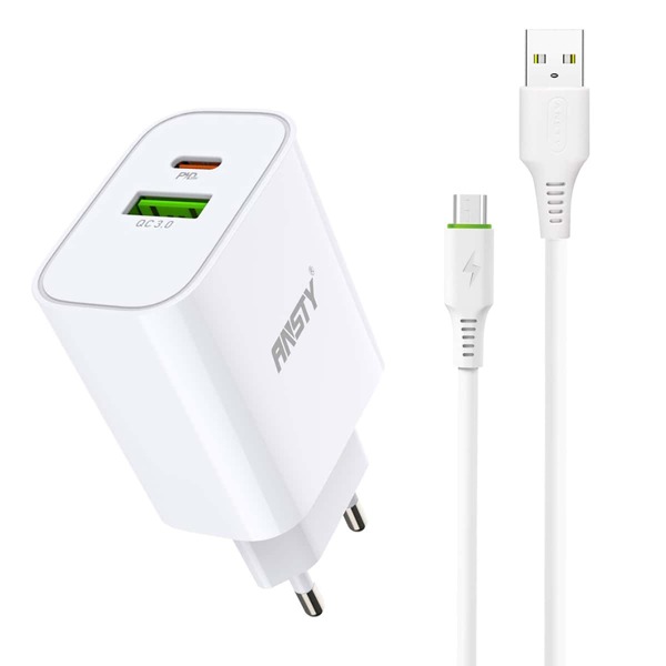 

1pc 20W Quick Charger Head & 1pc Android Data Cable, White