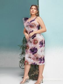 SHEIN Belle Plus Floral Print Ruffle Trim Asymmetrical Neck Slit Hem Fitted Dress - Multicolor - View 1
