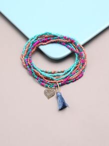 7pcs Heart Charm Beaded Anklet - Multicolor - View 1