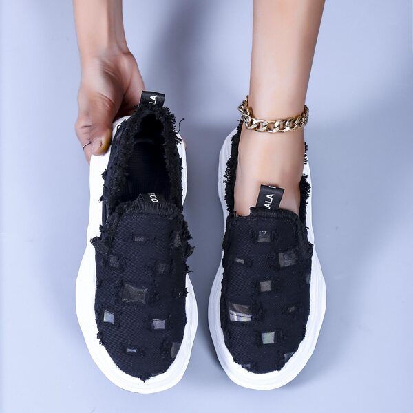 

Ripped Detail Slip On Sneakers, Black