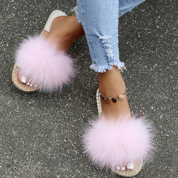 

Fluffy Espadrille Flat Sandals, Pink