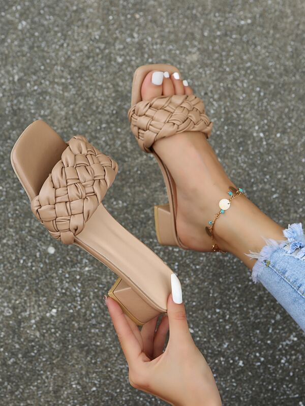 Letnie sandały z tkanymi paskami, klapki na grubym obcasie i kwadratowym nosku