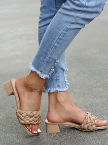 Sandalias de verano con tira tejida, tacón grueso y punta cuadrada, tipo chancletas