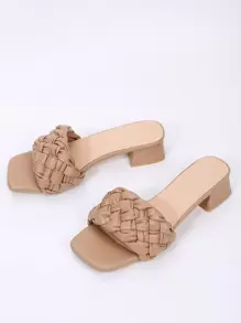 Sandalias de verano con tira tejida, tacón grueso y punta cuadrada, tipo chancletas