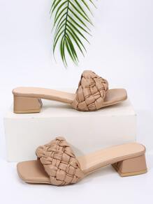 Sandalias de verano con tira tejida, tacón grueso y punta cuadrada, tipo chancletas