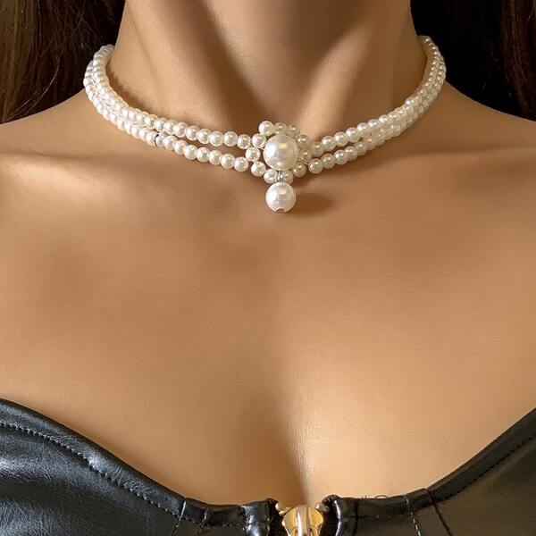 

Faux Pearl Beaded Layered Necklace, White