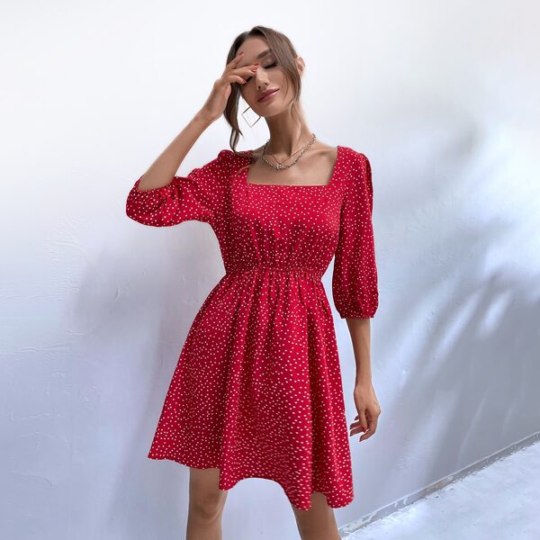 

Square Neck Polka Dot A-line Dress, Red
