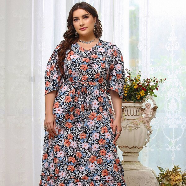 

Plus Floral Print V Neck Frill Trim Belted Dress, Multicolor