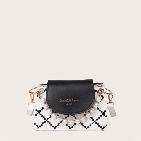 

Girls Faux Pearl Decor Houndstooth Pattern Flap Square Bag, Black and white