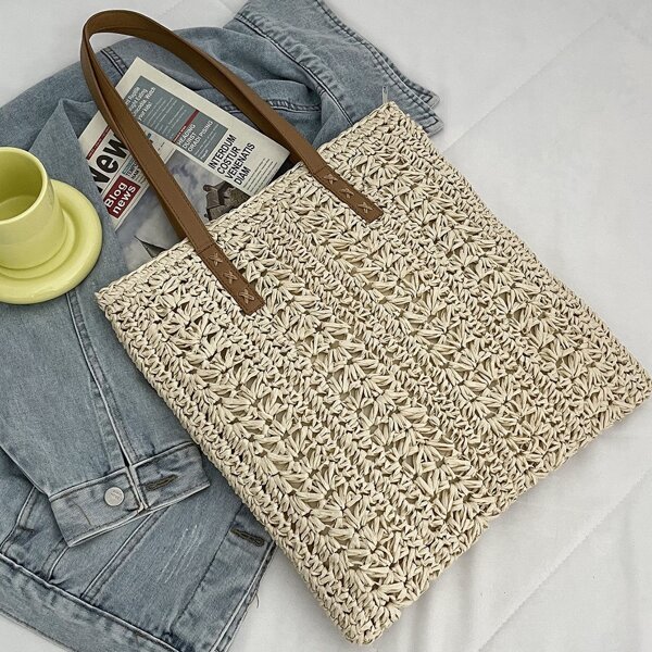 

Crochet Detail Shoulder Tote Bag, Beige