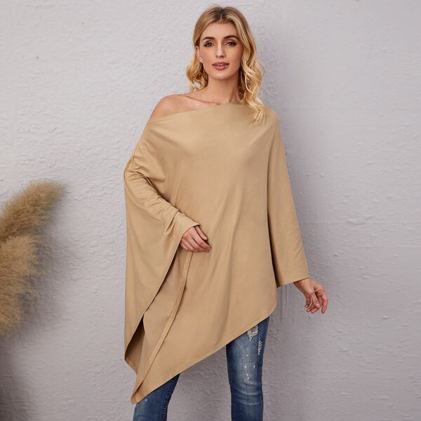 

Asymmetrical Neck Batwing Sleeve Tee, Khaki
