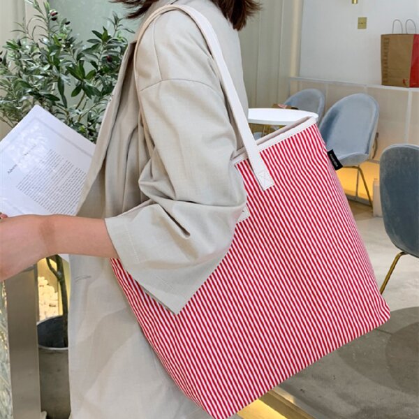 

Striped Pattern Shopper Bag, Red