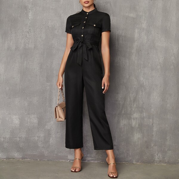 

Self Tie Wide Leg Shirt Jumpsuit, Black