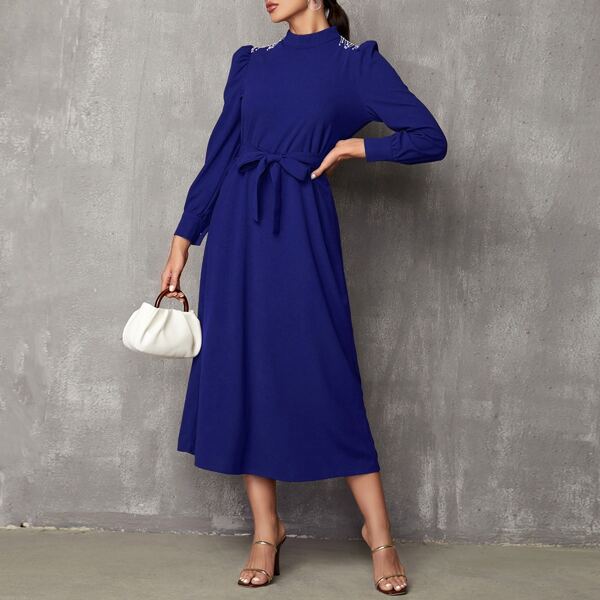 

Stand Collar Puff Sleeve Belted Dress, Royal blue